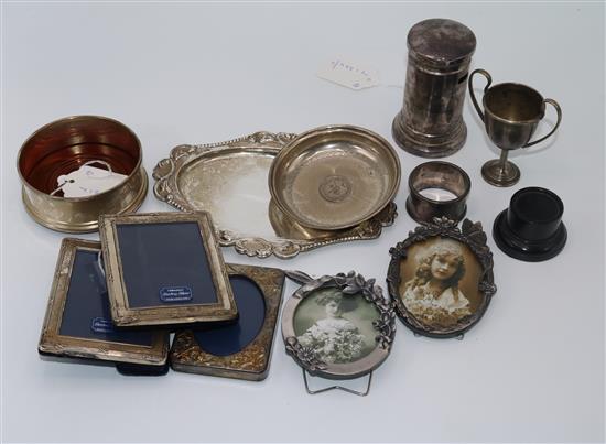 Small quantity of silver and plated items, inc a Carrs silver straw (boxed), napkin rings, bottle coaster, pin dish, frames etc
